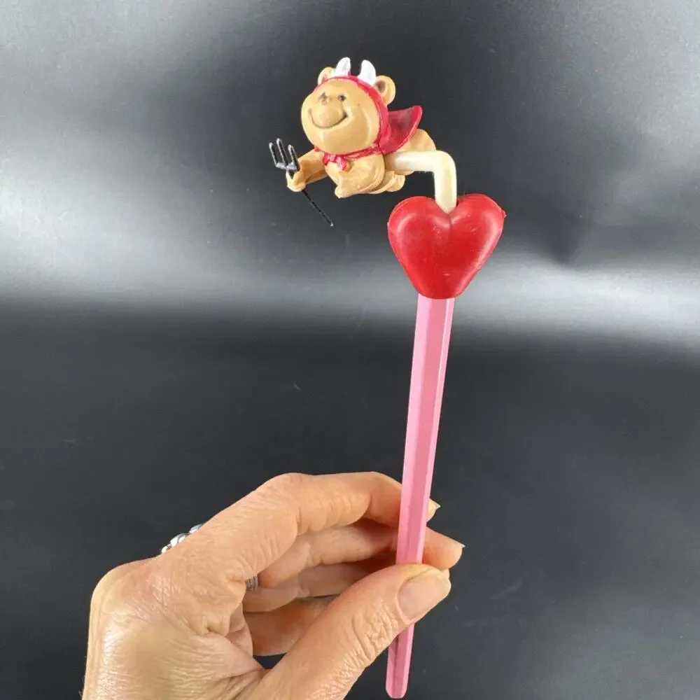 VTG RUSS Pink Pencil Teddy Topper Valentines Heart Devil, Hot Stuff Unsharpened